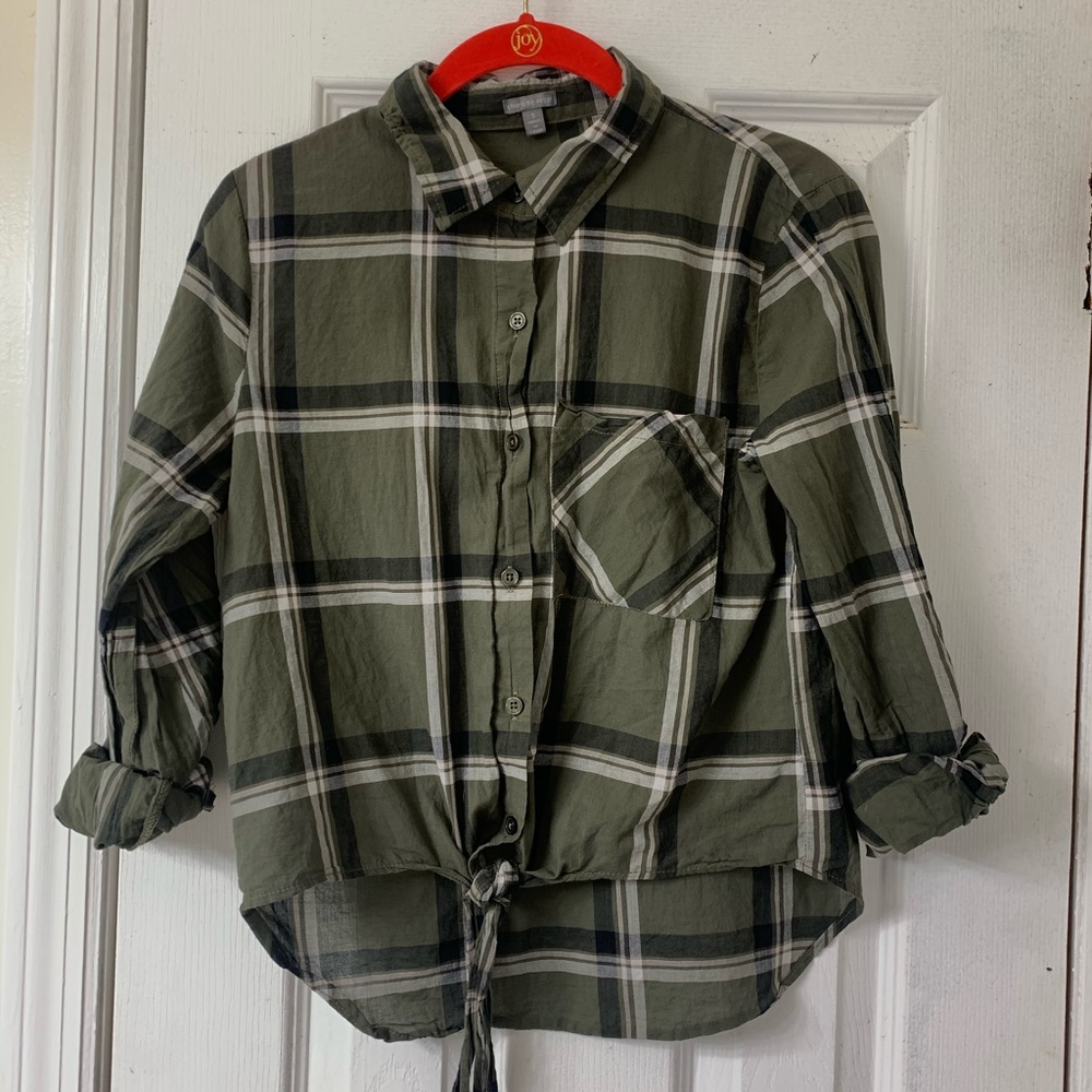 Plaid Olive Button Down W/ Bottom Tie